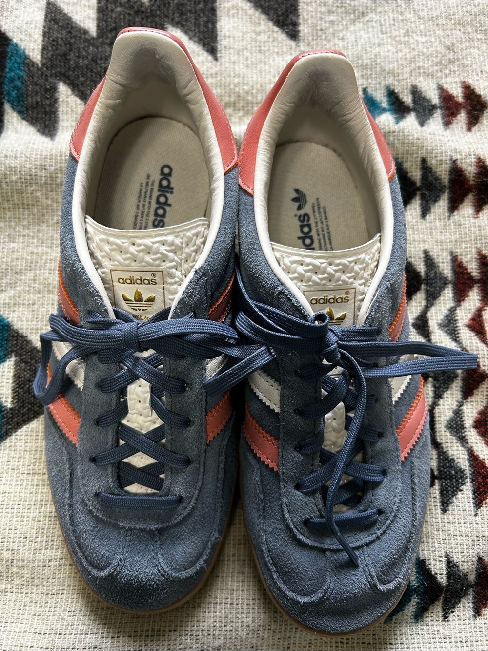 Adidas Gazelles Blue Suede Sneakers with Pink Stripes